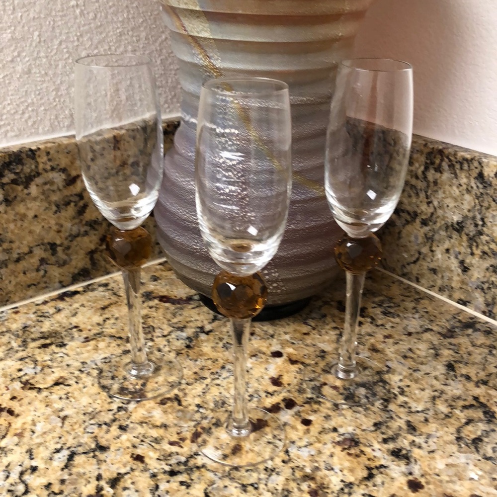 ZGallerie Set of 3 Tall fluted Champagne Glasses, Clear W/ Amber Colored